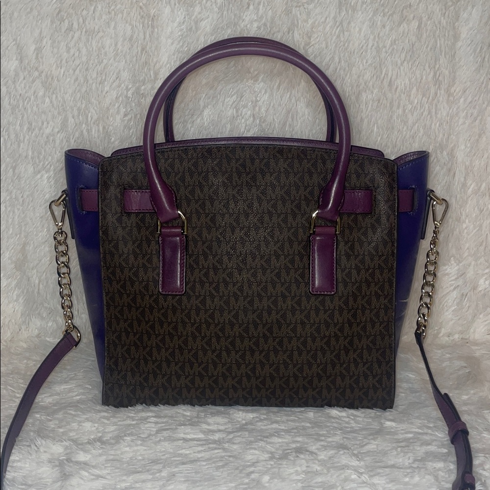 Michael Kors Hamilton Plum Violet Leather & Signature Monogram Canvas Satchel - Picture 9 of 17